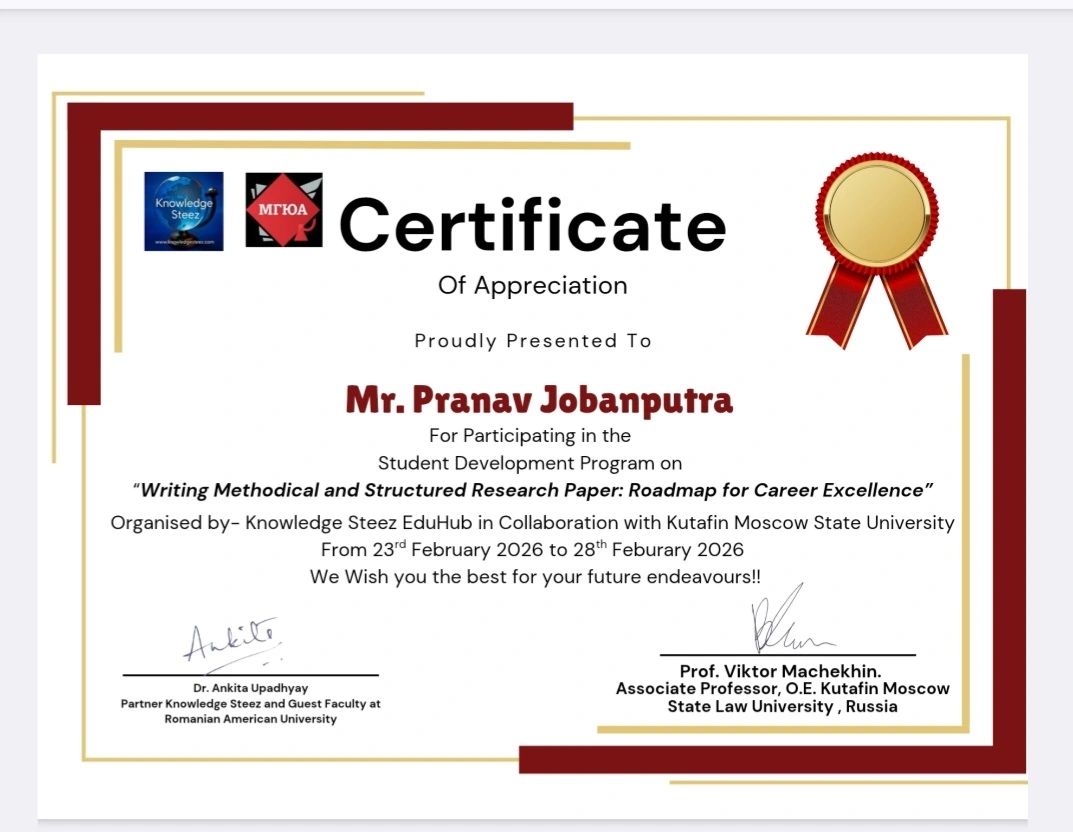 Certificate of Appreciation awarded to Adv. Pranav Jobanputra by Knowledge Steez EduHub and Kutafin Moscow State Law University